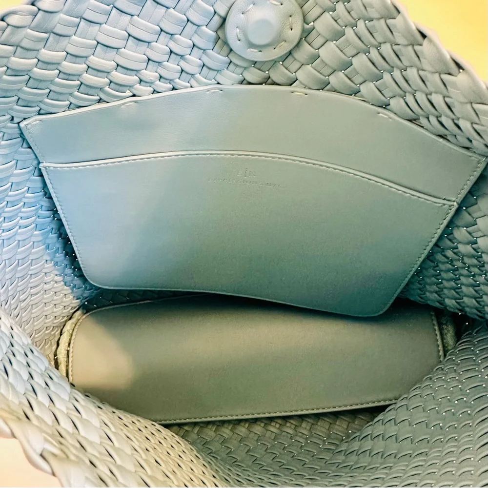 Woven Boho Tote‎ Bag Vegan Leather Light Blue New Oversized Bag purse E-NYC Hobo